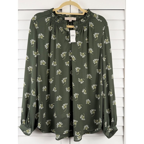 LOFT Tops - LOFT Blouse XL Green Floral Smocked Ruffle Neck Long Sleeve NEW